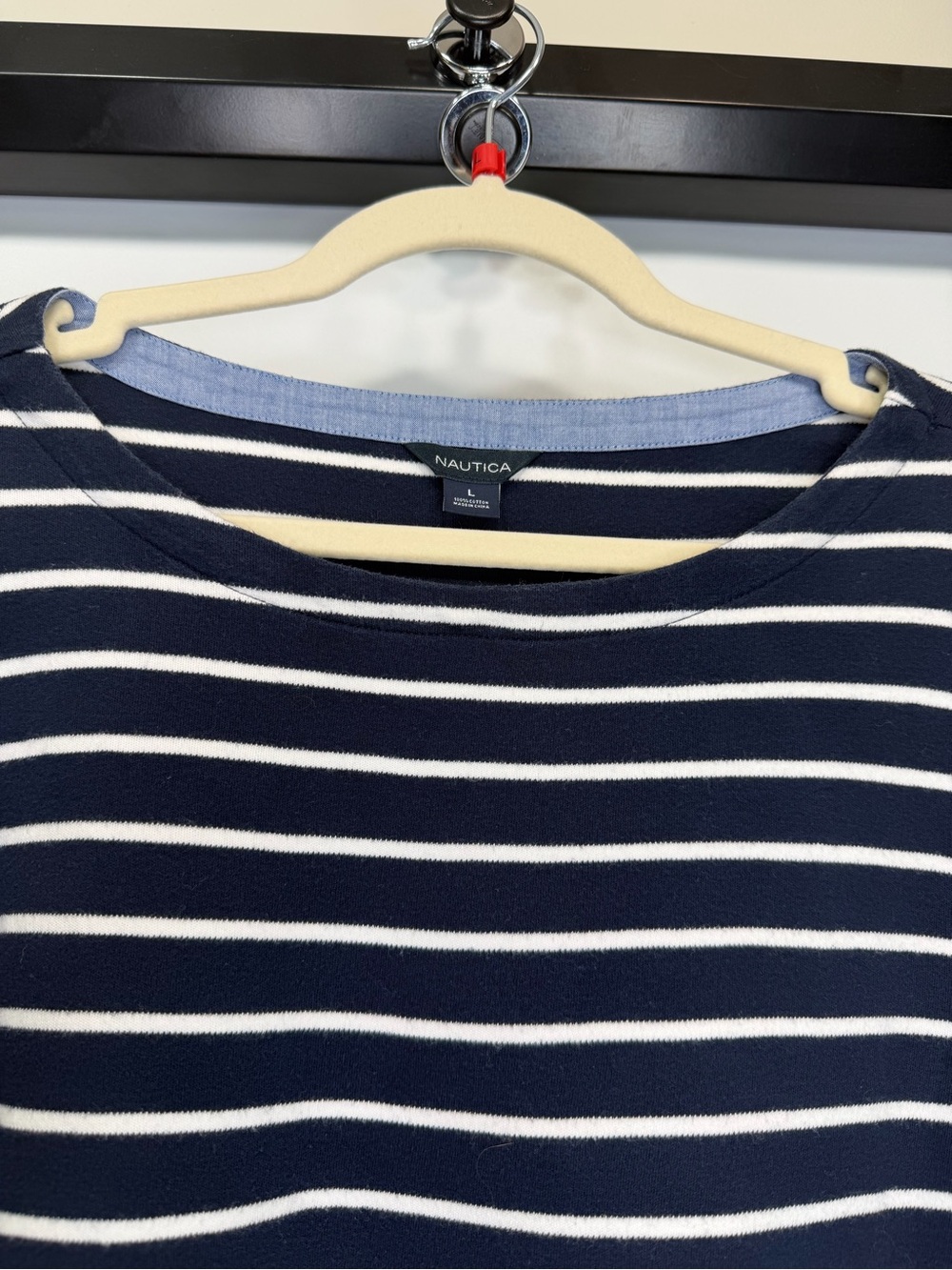 Nautica 100% Cotton Navy & White Striped Roll Sleeve Top Size Large - Picture 6 of 11